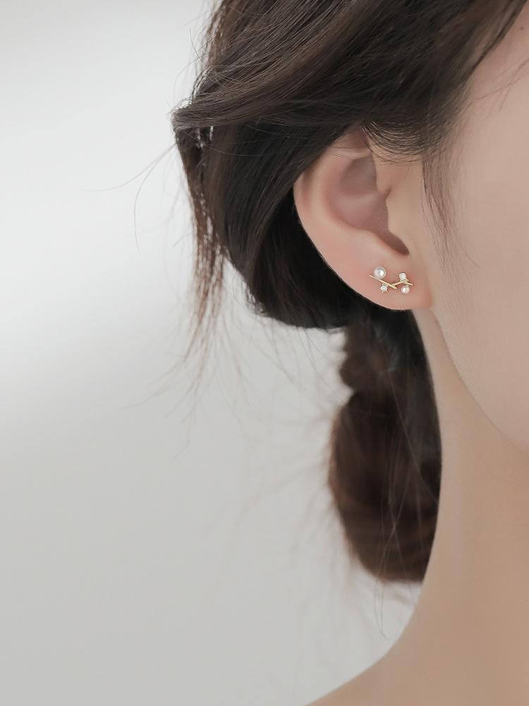 

Stud S925 Sterling Silver Plated Small Branch Earrings Simple Pearl 2021 Female Color, Golden;silver