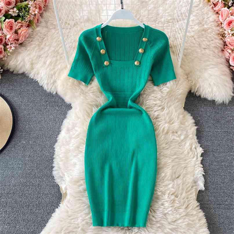 

Summer Short-sleeve Knit Dress Women Elegant Pure Color Buttons Square Collar Slim Fit Stretch Casual Work Party Mini 210603, Black