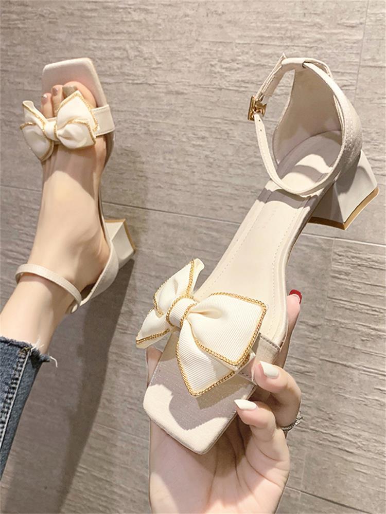 

Sandals One Word Buckle Square Heel Summer Sweet Bow Knot All-Match Mid-Heel Women's Shoes, Black