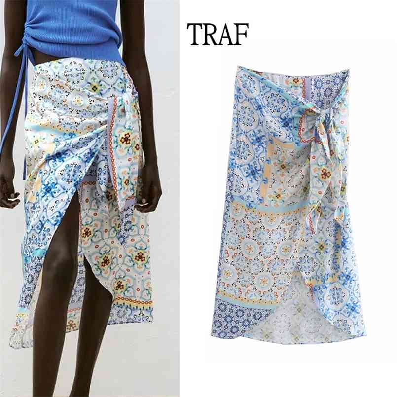 

TRAF Elegant Midi Skirt Women Za Fashion Patchwork Print Slim High Waist Side Zipper Slit Female Skirts Chic Vintage 210708, Blue