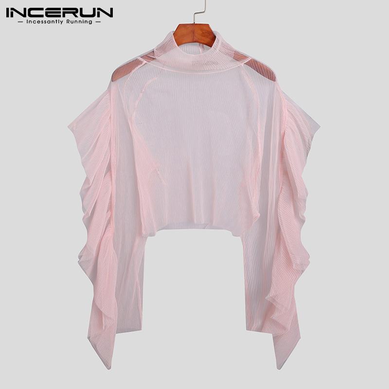 

Men's T-Shirts 2022 Men Mesh T Shirt Ruffle See Through Streetwear Turtleneck Long Sleeve Sexy Camisetas Party Nightclub Clothing INCERUN, White;black