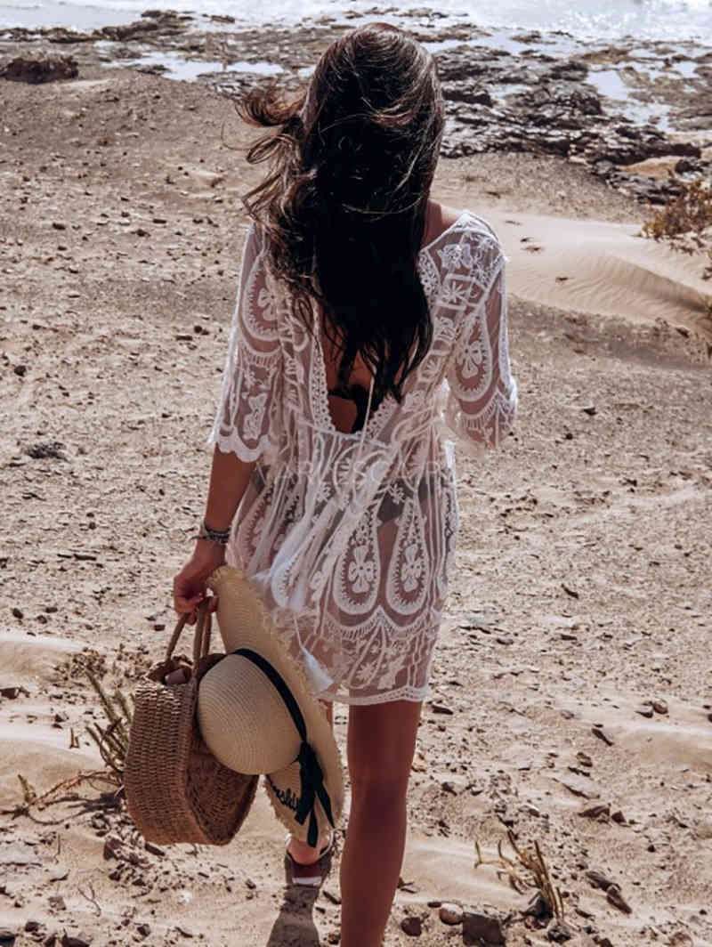 Women&#039;s Swimwear Bohemian Summer White Tunic Holiday Sheer Sexy Beach Cover-Up Backless Vintage Pareo Vestidos 0TT4-image-699334068