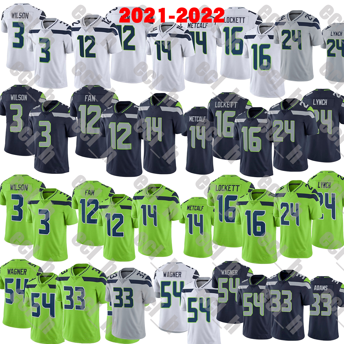 

2021-2022 High quality Stitched Football jerseys 3 Russell Wilsonn 12 Fan 14 DK Metcalf 16 Tyler Lockett 24 Marshawn Lynch 33 Jamal Adams 54 Bobby Wagner, As