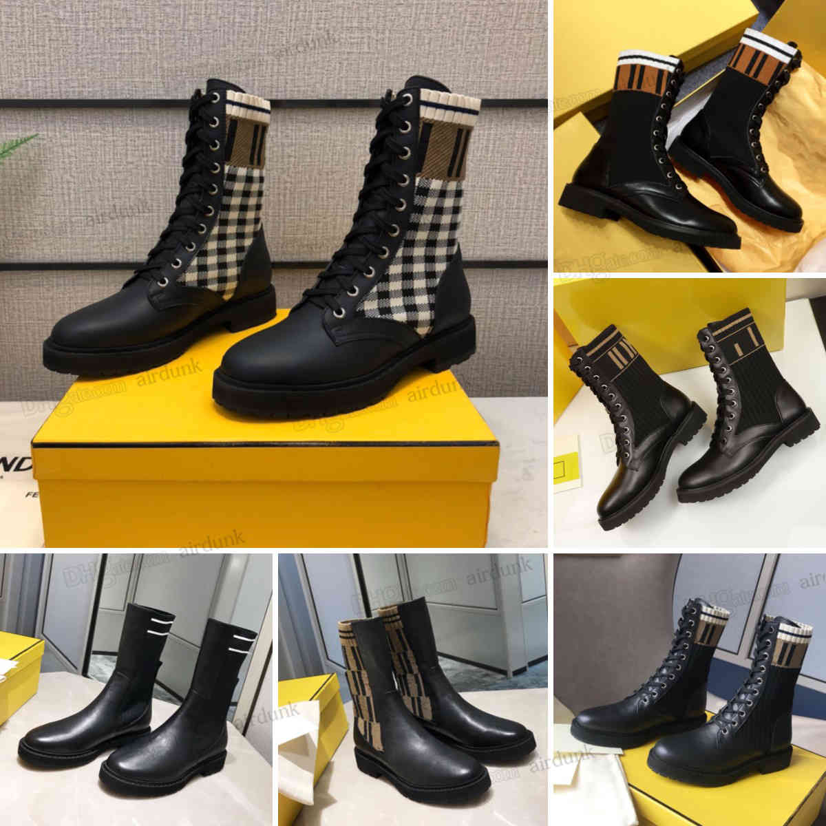 

2021 Classic Rockoko Boots Knitted Stretch Martin Black Leather Knight lace-up chunky soled check low heel Women Short Boot Design Roma, I need look other product