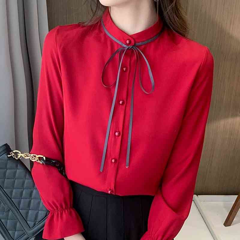 

Blouses Femme Long Sleeve Blouse Women Blusas Mujer De Moda Stand Collar Chiffon Blouse Shirt Tops Blusas Women Shirts E656 210602, Burgundy