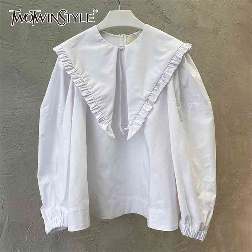 

White Korean Shirt For Women Peter Pan Collar Puff Sleeve Casual Loose Blouse Female Fashion Clothing 210524