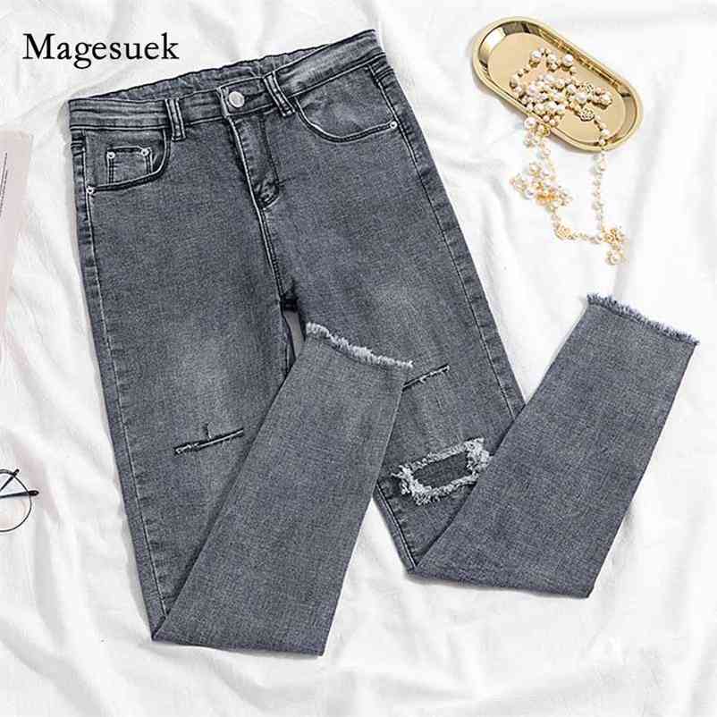 

Female Denim Pants Hole Button Women' Pencil Korean Fashion Jeans Gray Elastic Trousers for Ladies Donna 10633 210518
