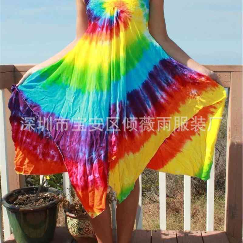 

women's positioning digital printing tie dyed sleeveless dress fashionable beach skirt, Black;gray