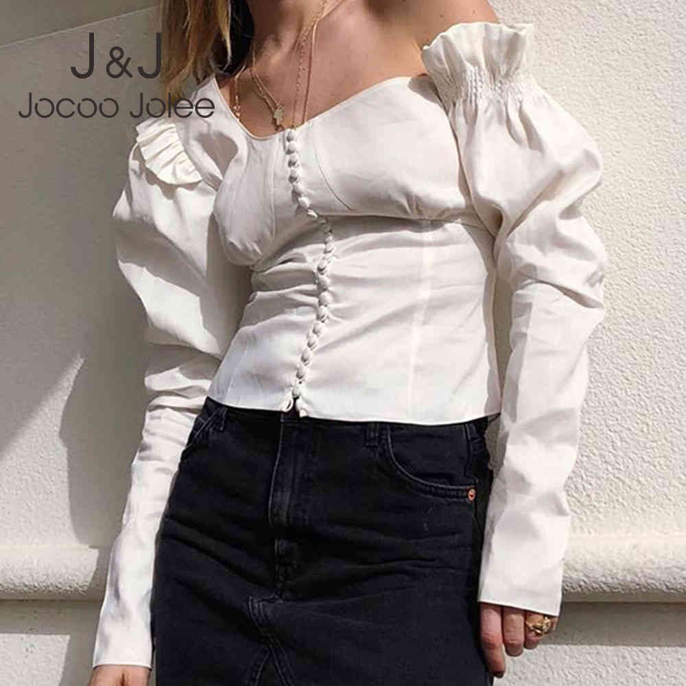 

Women Elegant White Blouse Long Sleeve off Shoulder Irregular Skew Collar Shirts Female Button Slim Pullover Ruffle Tops 210518