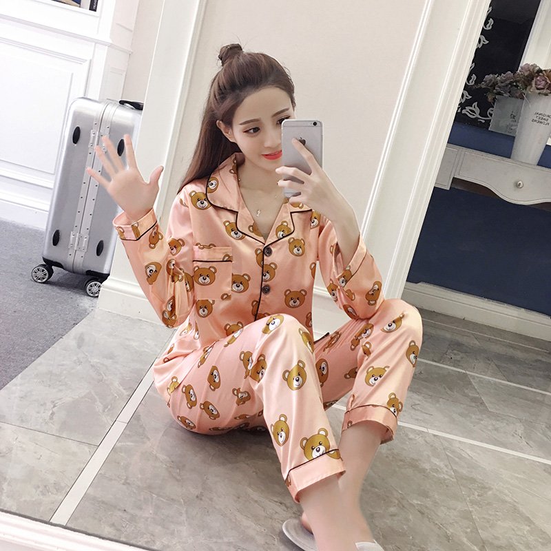 

2021Long Sleeve Silk Pajamas Suit Women Autumn Pajama Sets Silk Satin Pijama Sleepwear Pyjamas Plus Size 3XL 4XL 5XL Nightwear Set, C j dan hong