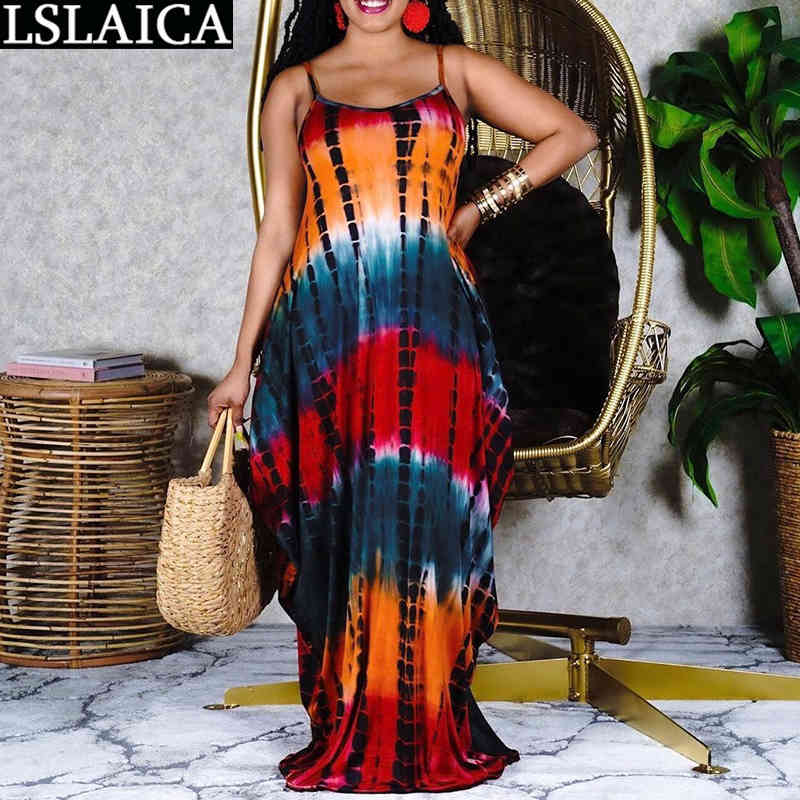 

Plus Size Fashion Dress Women Sleeveless A Line Tie-dye Print Loose Summer es Pockets Evening Party Long Female 210520, Yellow