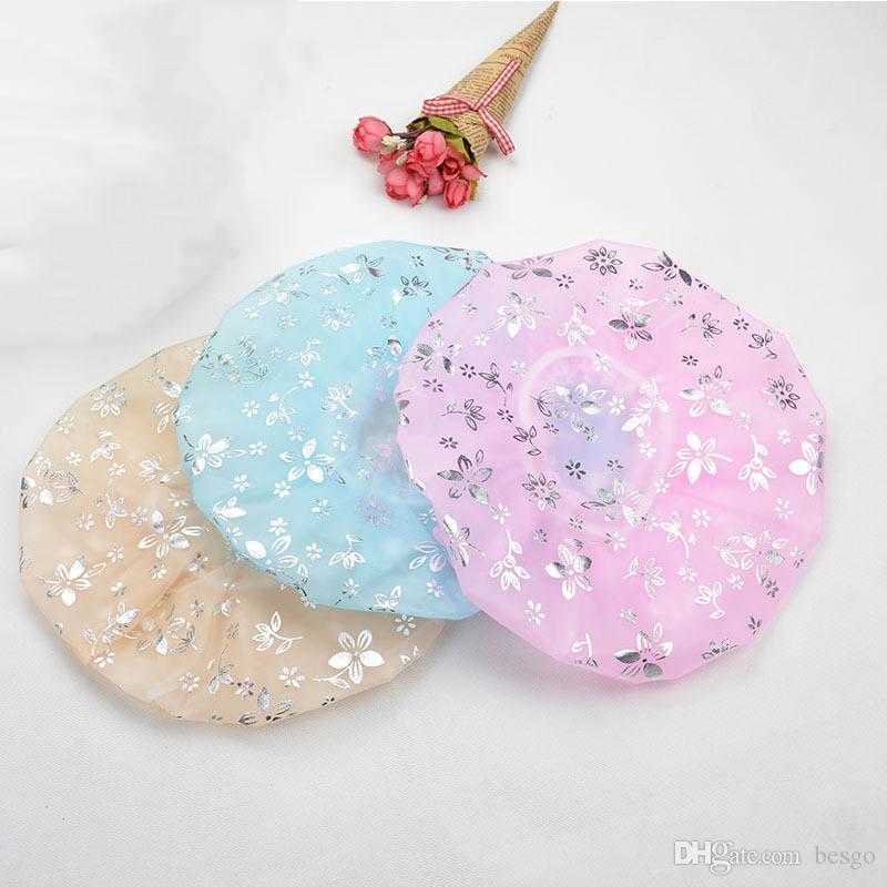 Double Layer Hot Stamping Shower Cap Waterproof Elastic Band Bath Cap Resuable Hair Caps Hat Adult Makeup Hair Cover Shower Caps VT1677