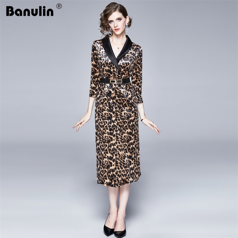

Banulin Runway Autumn Winter Long Sleeve Dress Women's Notched Neck Vintage Leopard Printed Office Lady Dresses Vestdios 210603, Leopard (belt)