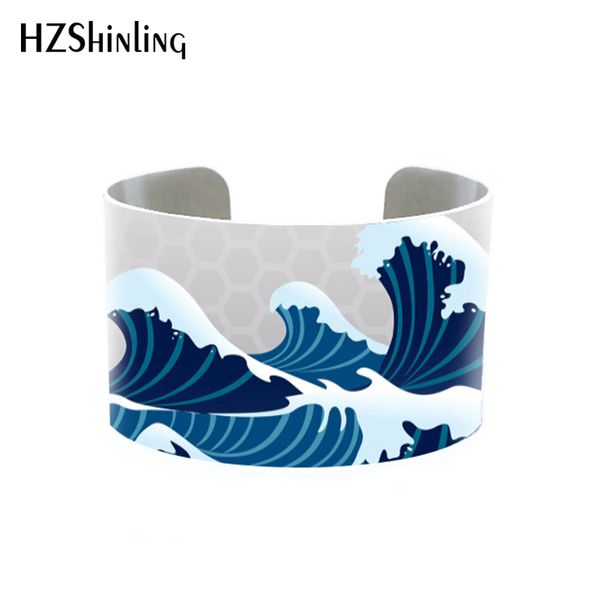 

6 Styles Ocean Aluminium Cuff Bracelet Nautical Blue Graphic Bangle Sea Surf Japaneseocean Wave Nautical Jewellery Q0719