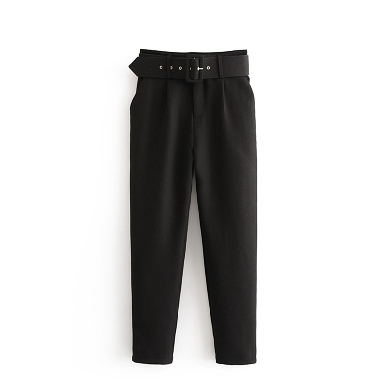 

black suit pants woman high waist sashes pockets office fashion autumn middle aged women bottoms 210607
