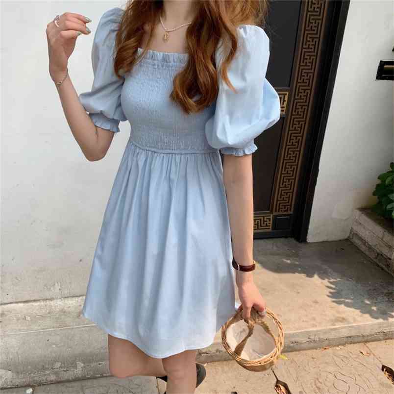 

Summer Women Elegant Puff Sleeve Korean Style Sweet Dress Vintage Chiffon High Waist Casual Slim Party Female Vestido 210519, Photo color