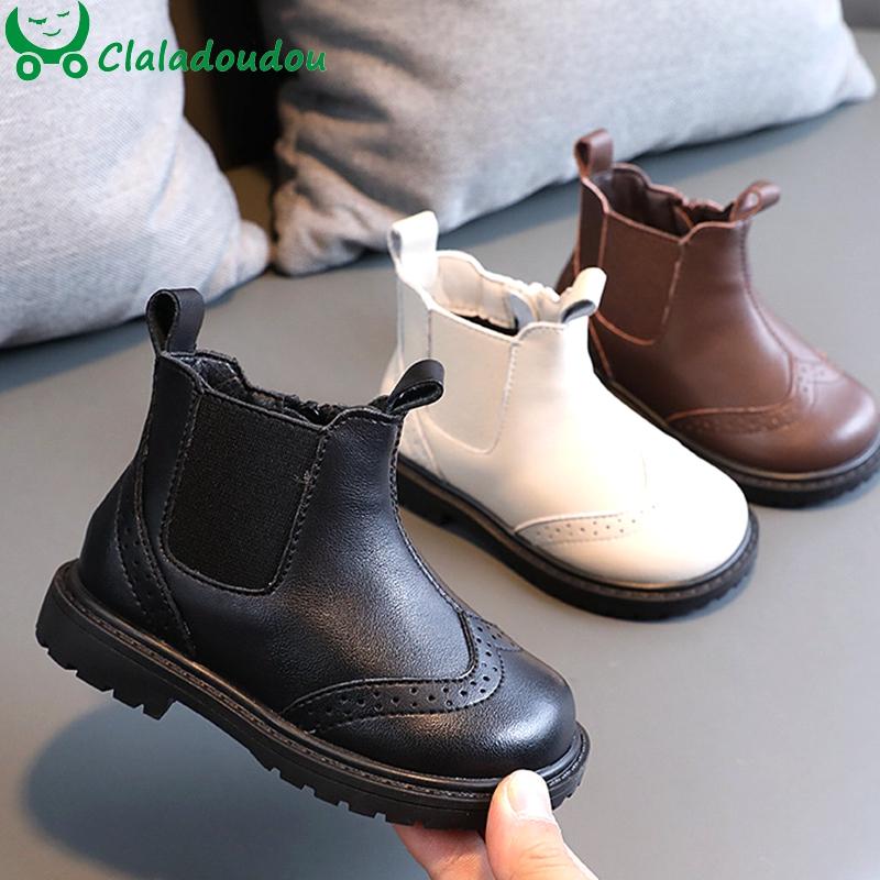 

Boots 14-19cm Brand Genuine Leather Girls Ankle For Early Winter,Retro Hollow Flower Kids Fashion With Thin Velvet, Black;grey