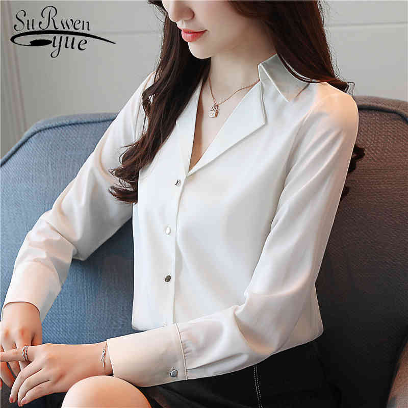 

autumn long sleeve women blouse shirt V neck women's tops OL white causal female fashion clothes blusa feminine 0866 40 210521