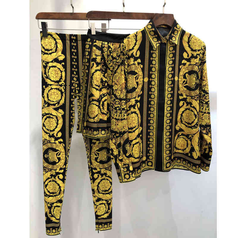 

summer women printed vintage styles two pieces set vacation clothing turn-down collar shirt and skirt pants 210525