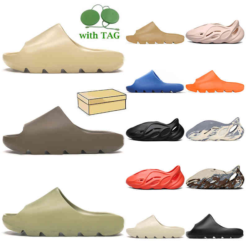 

Foam Runner With Box Kanye Designer Slides Womens Mens Slippers Sandals Bone Pure Resin Earth Brown Enflame Orange Cream Clay Moon Kids Flip, A27 grey 36-45