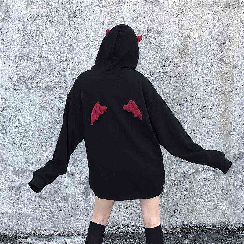 

Bulletproof Boys Sweatshirt High Street Harajuku Cute Hoodie Gothic Punk Devil Horns Chic Hooded Pullover Loose Women, Black