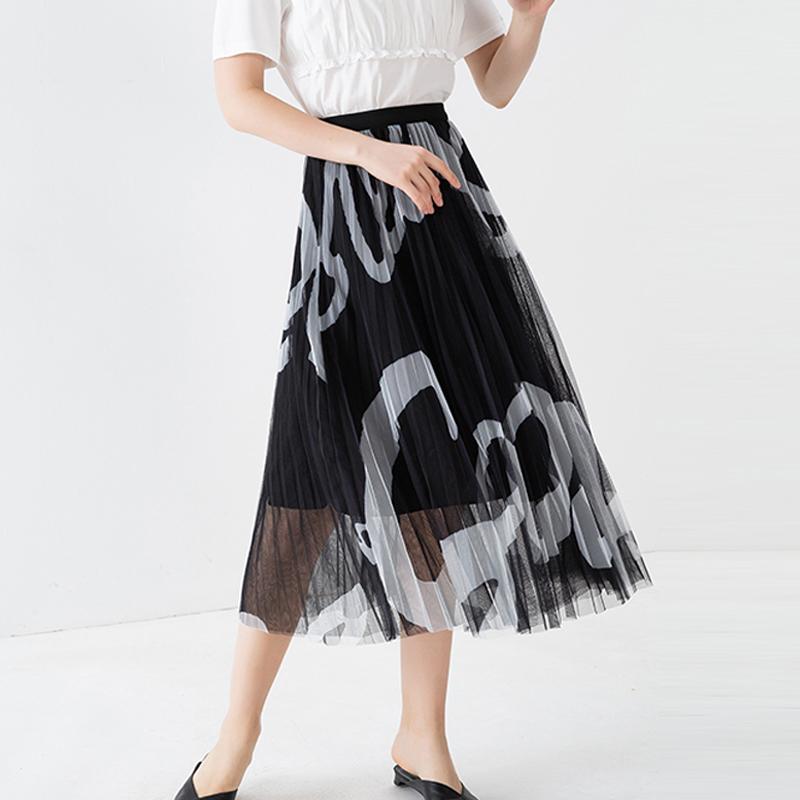 

Skirts Korean Style Elegant Graffiti Printed A-line Pleated Long Tulle Abstract Paint Printing Maxi Mesh, Black