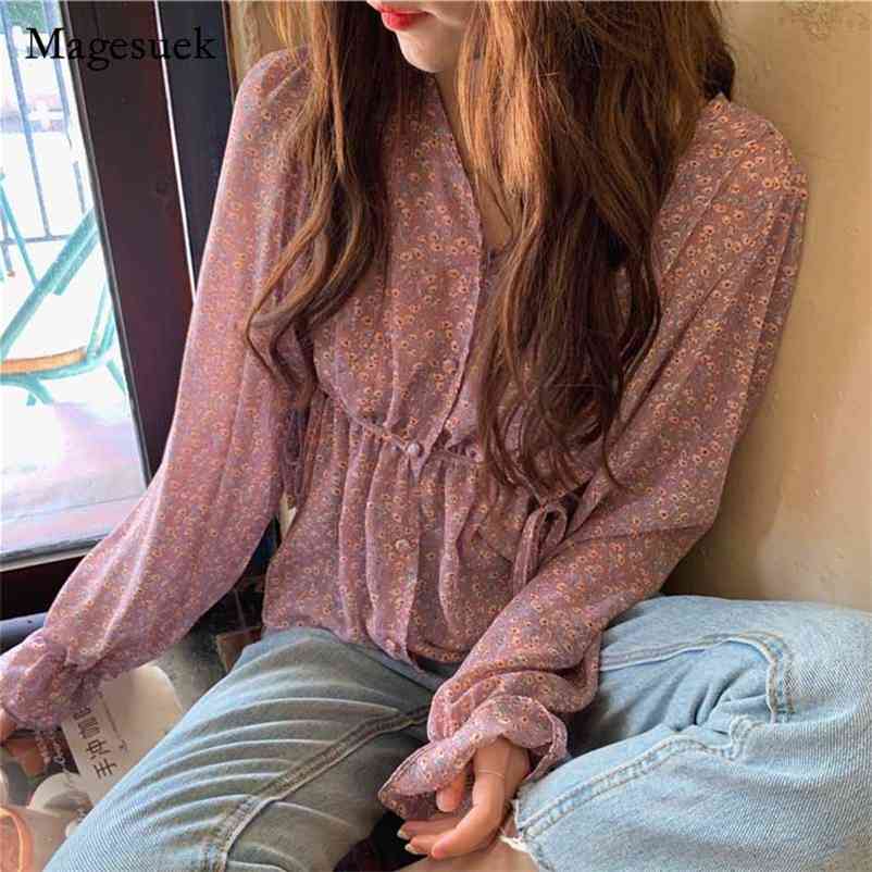 

Sweet Casual Women Long Sleeve Slim-waist Shirts Floral Print Ruffle Trim Blouse Ladies Boho Purple Pullover Tops 11314 210518