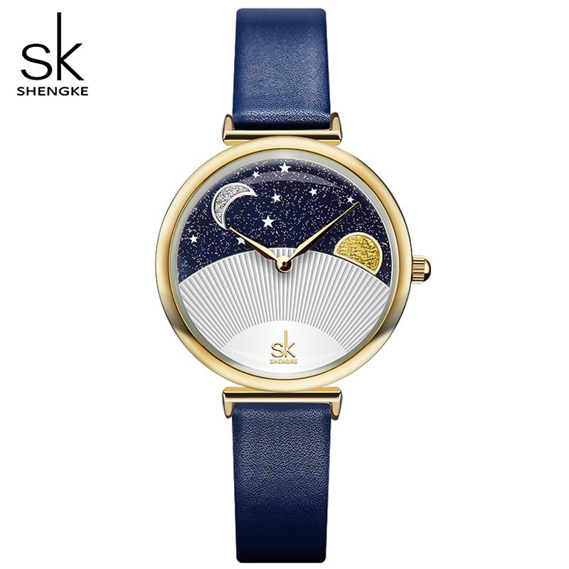

Wristwatches Shengke 2021 Clock Women Quartz Watch Ladies Fashion Blue Leather Watchband High Quality Casual Waterproof, Black