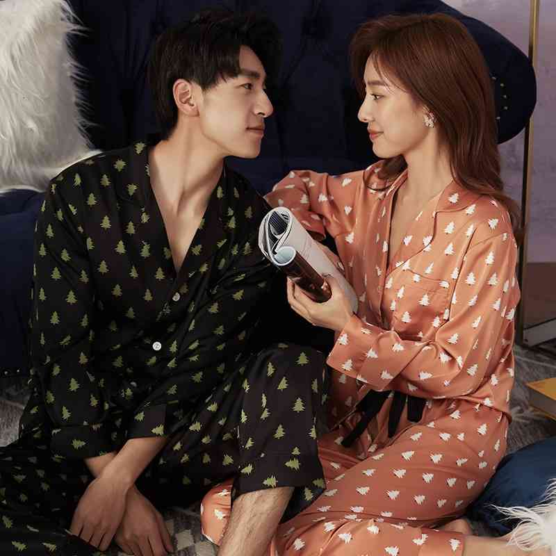 

Women's Sleepwear Lovers Pajamas Set Comfort Silk Satin Cartoon Tree Printed Turn-Down Collar Full Sleeve 2Pcs Men Women For Sprin, Women-orange