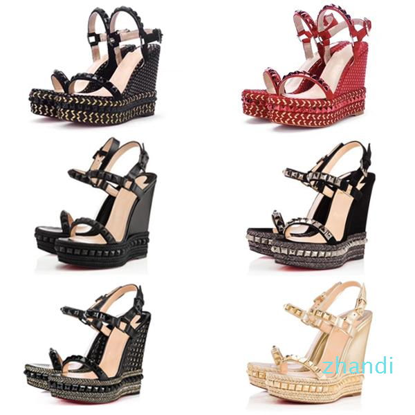 

2021 Designer Red Bottom Platform High Heels Wedge Sandals Espadrille Leather Shoes Ladies Summer Spikes Rivets Studded Shoes 25 Colors, Black