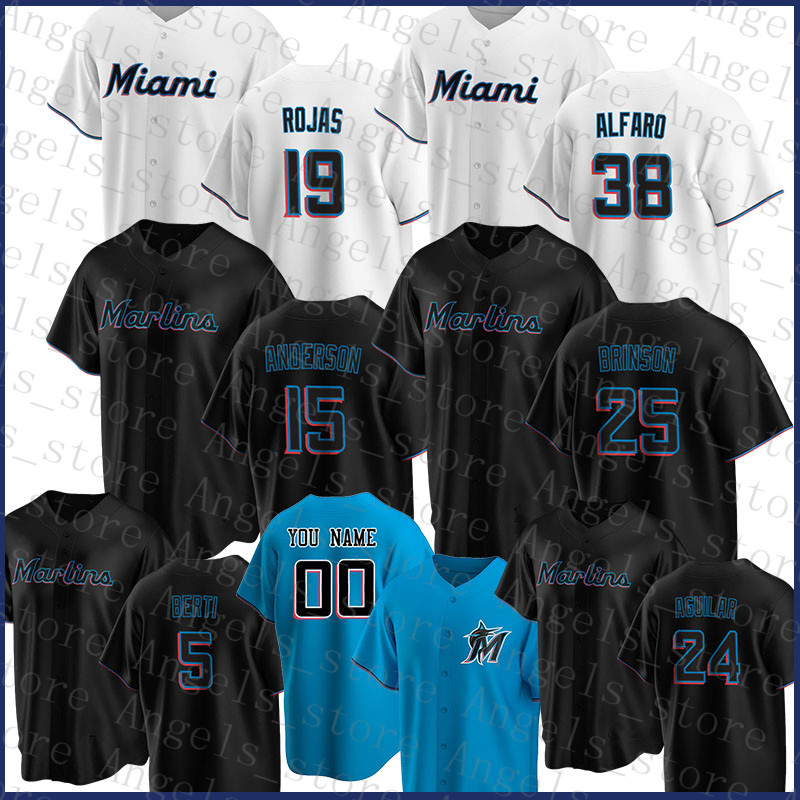 

Miami Custom Marlins Baseball Jersey 15 Brian Anderson 25 Lewis Brinson 5 Jon Berti 24 Jesus Aguilar 23 Corey Dickerson 19 Miguel Rojas, Blue;black