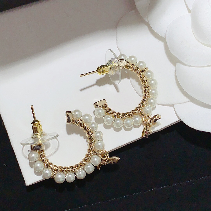 

Pearl Stud Beaded Earrings C shape classic letter Pendant 925 silver needle with logo and steel seal L0-C38, Golden;silver