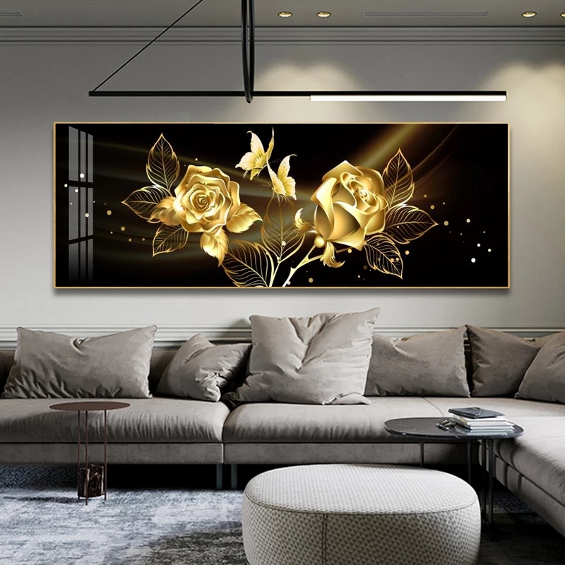 

Black Golden Rose Flower Butterfly Abstract Wall Art Canvas Painting Poster Print Horizonta Picture for Living bedRoom Decor