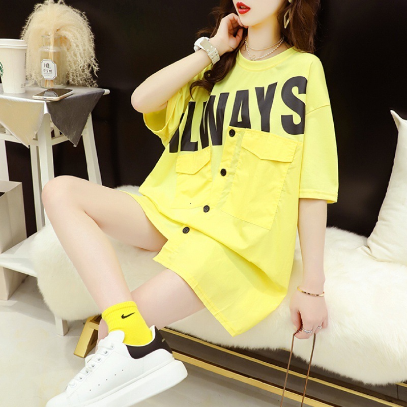 

t shirt cotton net red same short sleeve women's summer round neck middle long student large wear, White