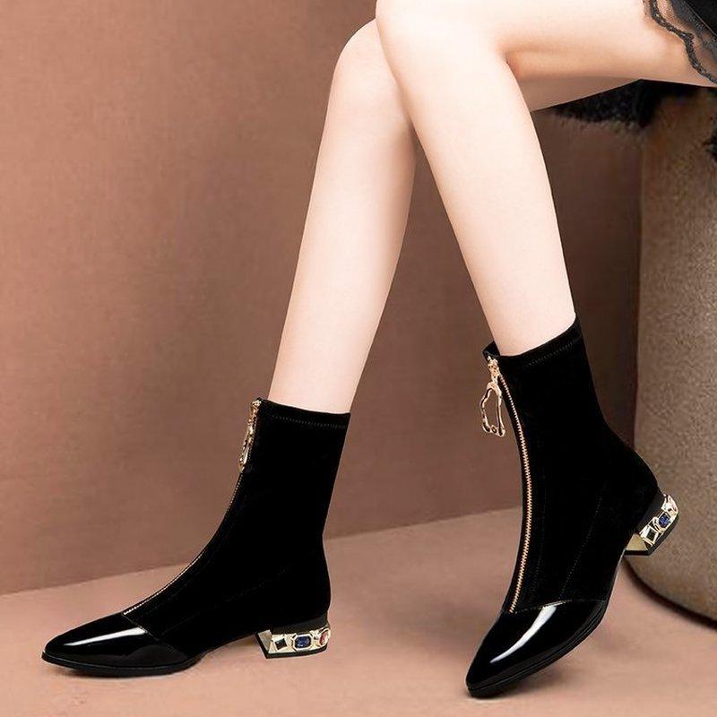 

Boots Woman Low Heels Ankle Flock Colorful Rhinestone Heeled Black Ladies Dress 2021 Shoes Botas Mujer Big Size 35-42