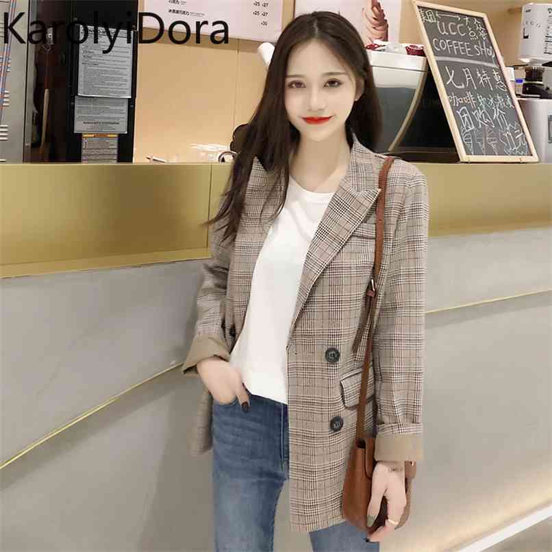 

Women Plaid Blazer Jacket Spring Autumn Fashion Female OL Casual Loose Double Breasted Suits Jackets Outwear Coat Plus Size 210520, The picture color