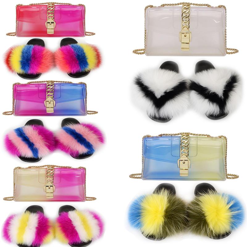 

Ladies Chain Colorful Jelly Bags Shoulder Bag Set Purse Women's Cute Fur Slippers Luxury Furry Flip Flops Soft Fluffy Slides, Black