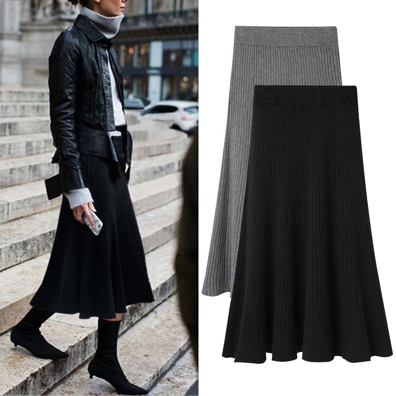 

Skirts Fashion Winter Women Skirt Large Size High Waist Knitted Long Stretch Vintage Female Plus, Black