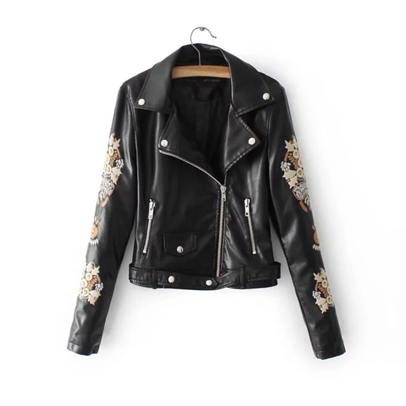 

Women' Leather & Faux Women Fashion Black Jacket Tops 2021 Autumn Flower Printed Moto Style Streetwear Outwear Overcoats Female Pu Jackets