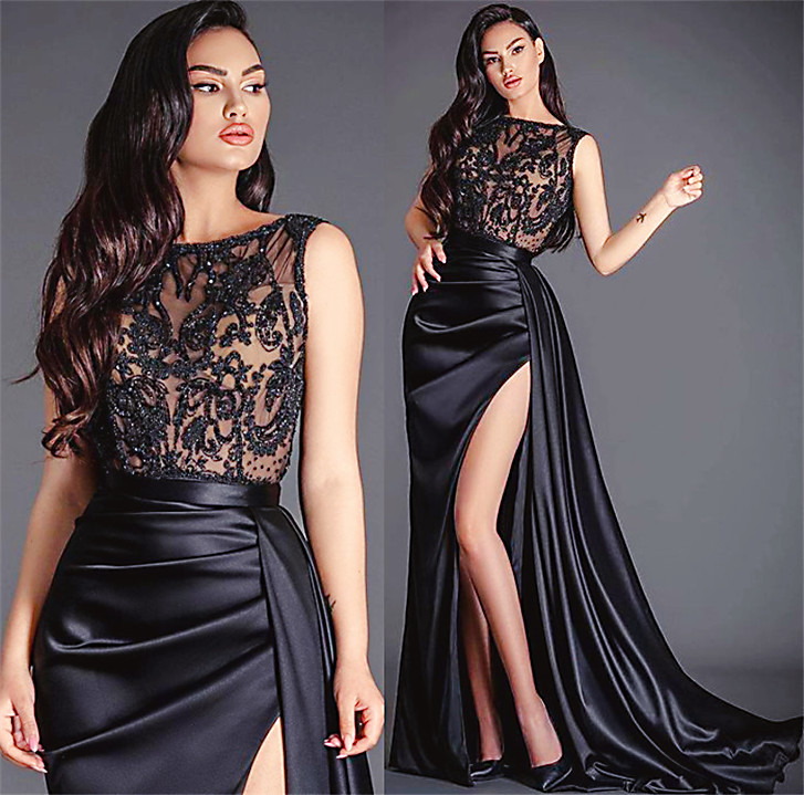 

2021 Plus Size Arabic Aso Ebi Black Lace Beaded Prom Dresses High Split Sheer Neck Evening Formal Party Second Reception Gowns Dress ZJ466, Champagne