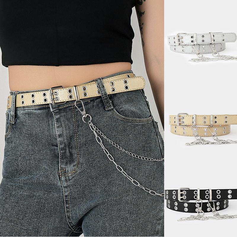 

Belts 2021 Double-row Hole Ladies Thin Belt Chain Casual Punk Decorative Women's Trouser Fashion All-match Free Punch, Black