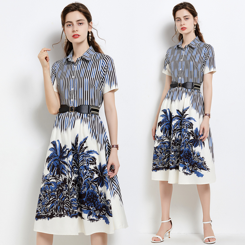 

Luxury Fashion Striped A-Line Dress Runway 2021 Designer Short Sleeve Lapel Holiday Prom Office Ladies Slim Button Shirt Dresses Summer Autumn Printed Women Clothes, Contrast color