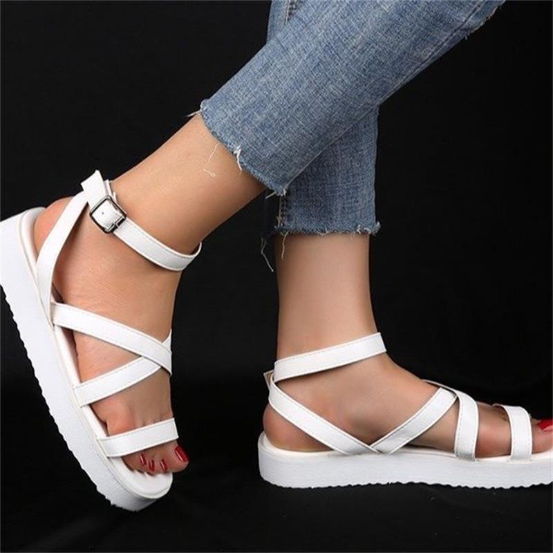 

Sandals novos sapatos femininos moda cor sólida plutônio simples cruz aberta dedo do pé fivela plataforma de salto plano casual all-match KWH1, 1# shoe box