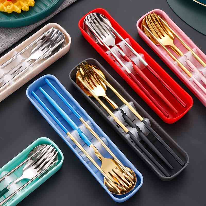 

Portable stainless steel tableware Portugal three piece set spoon fork chopsticks students can add outdoors