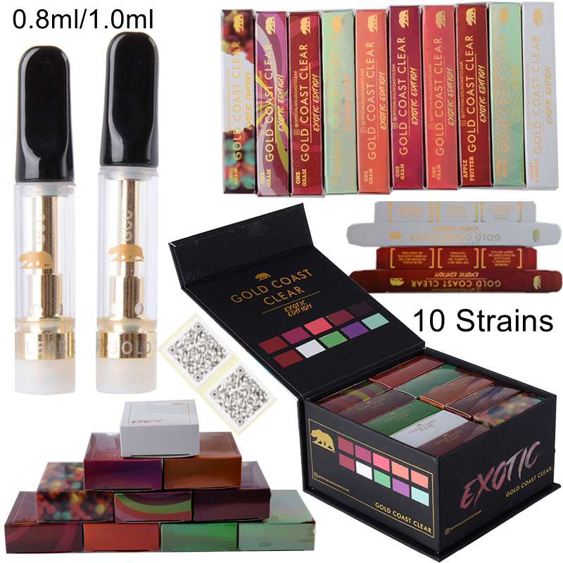 

Gold Coast Clear Exotic Atomizers Empty Vape Pen Cartridges 0.8ml 1ml 510 Ceramic Carts Glass Thick Oil Wax Vaporizer E Cigarettes 10 Strains