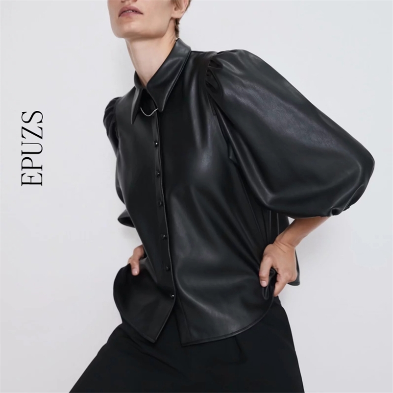 

fashion fur leather black blouse femme autumn turn down collar puff sleeve top Strettwear women blouses casaul tops blusas 210521