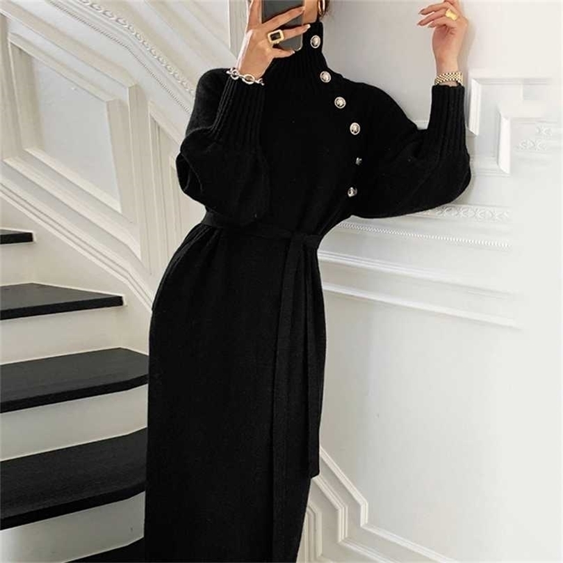

Winter Turtleneck Button Knitted Dress Elegant Full Sleeve Lace-up Female Thicken Long for Sweater Autumn 211109, Apricot