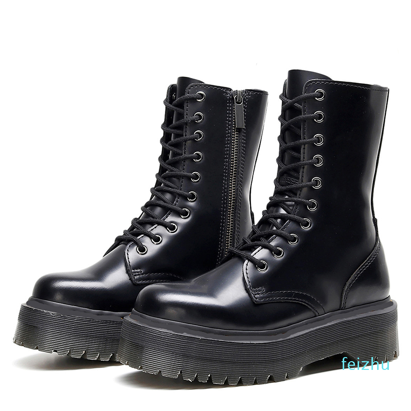 

Black 10 holes platform boots designer side zipper real leather muffin ankle booties winter shoes size 35-44