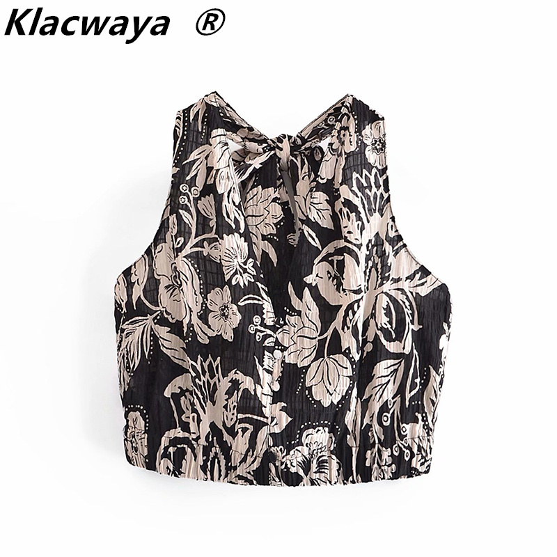 

Za Women Blouse Knotted Black Print Crop Top Female Vintage Wide Straps Elastic Hem Sleeveless Woman Summer 210521, As shown