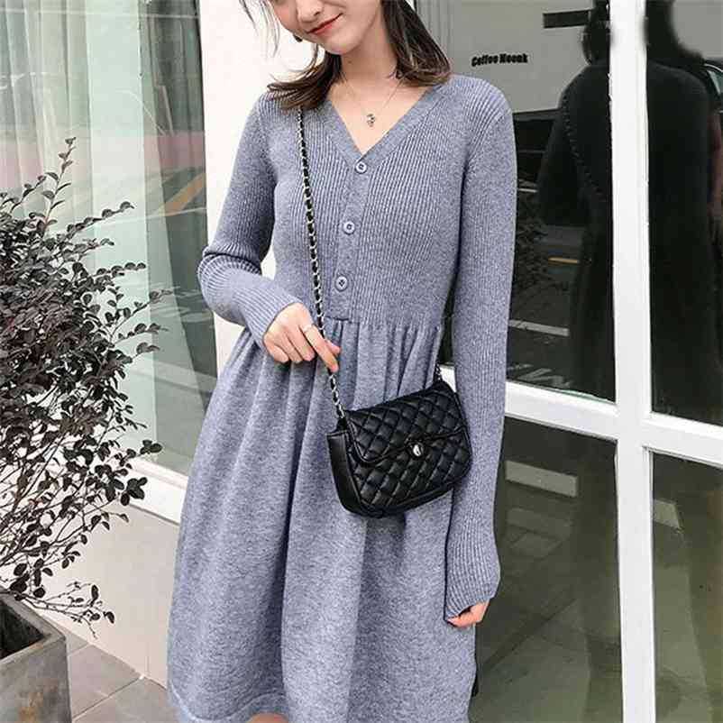

Women sweater V-neck knitted dress Fashion Autumn Winter solid Thick elegant high-waist slim female woolen 210524, Gray